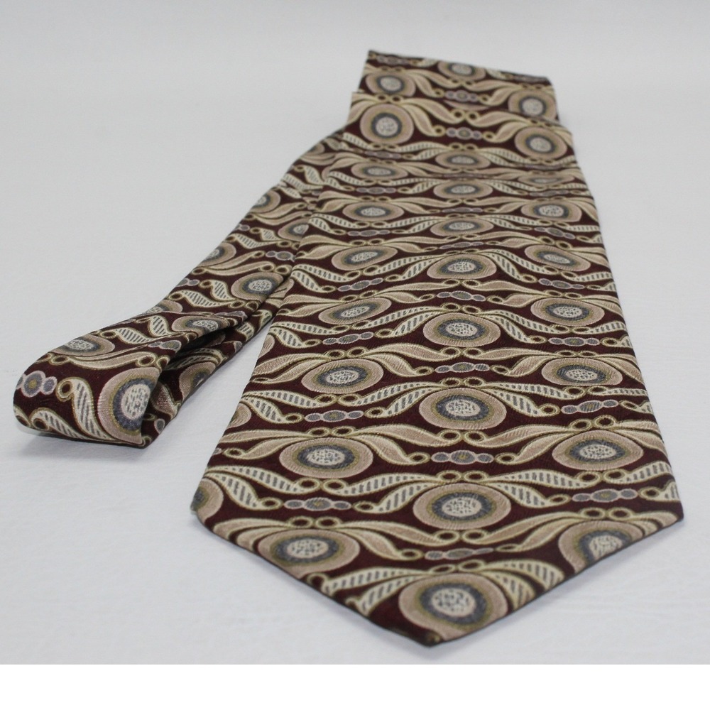 Pavia Italy Mens Silk Tie Burgundy Gold Geometric Medallion Handmade 4 Inch Wide